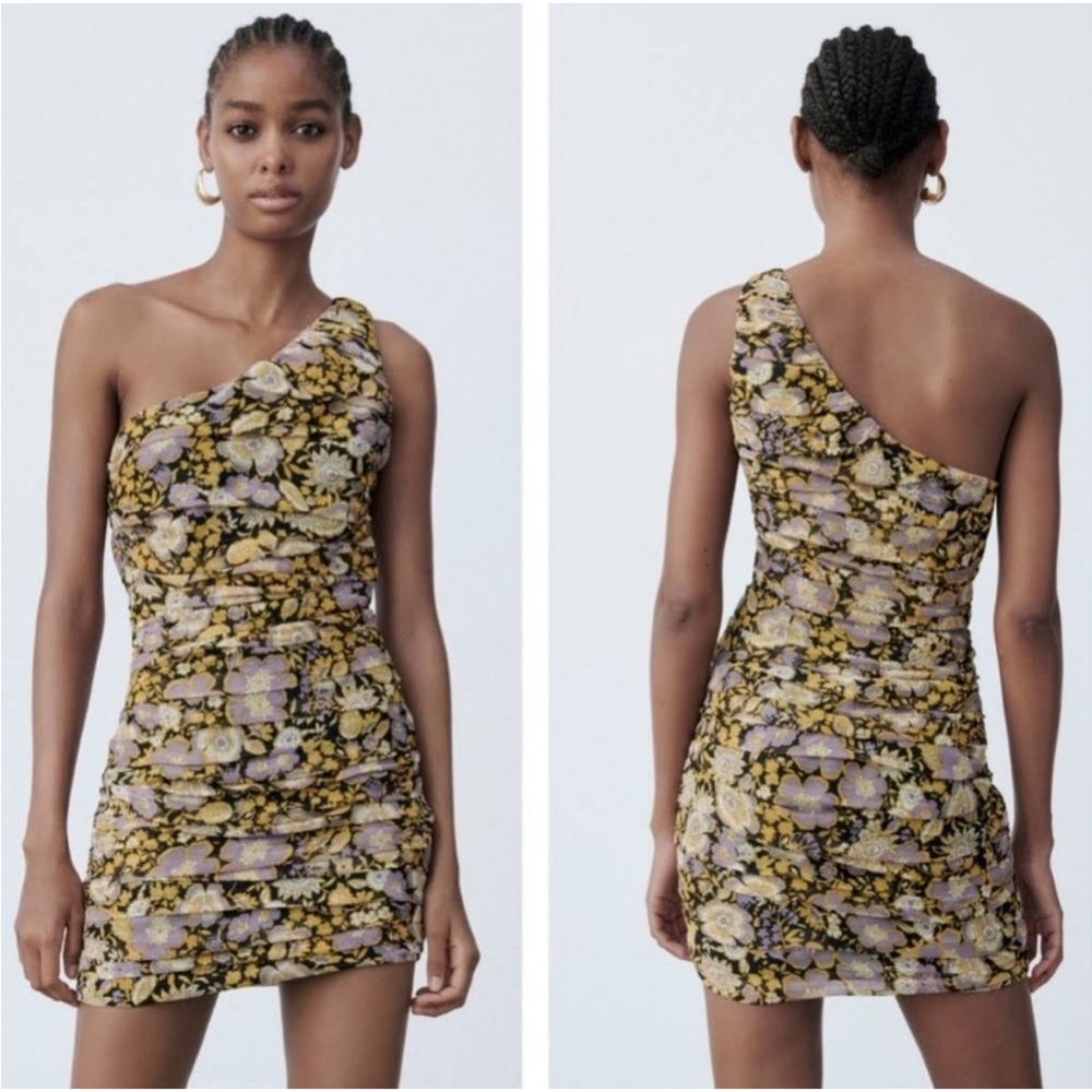 NWT ZARA Black Gold Floral One Shoulder Mini Cocktail Dress